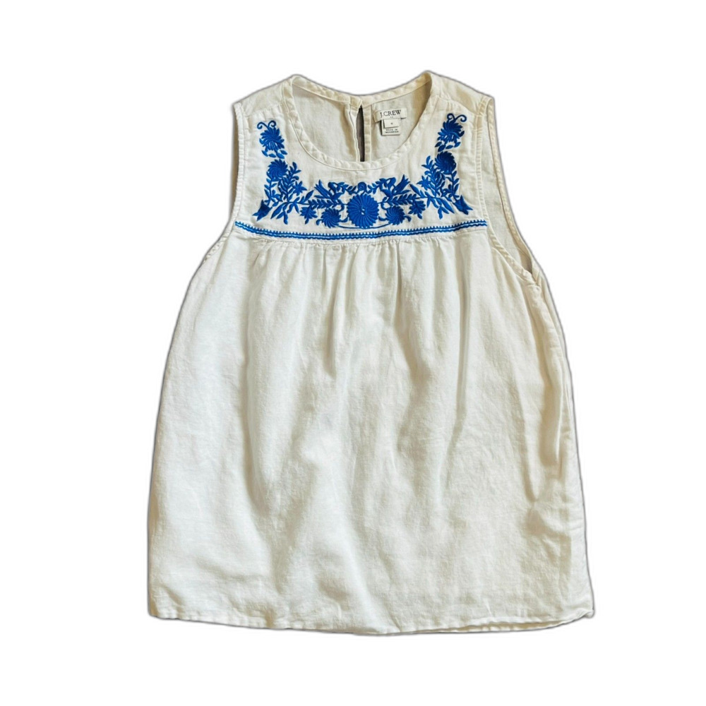 J Crew Women White Linen Sleeveless Blouse Blue Embroidery Boho Cottage Chic